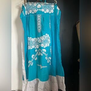 Vintage Boho Mexican Cotton Embroidered Turquoise Apron Halter Dress Size S